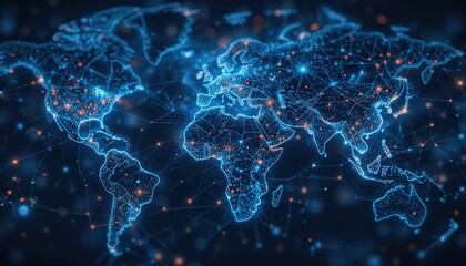 Global Network Connections Illuminated on a Digital World Map