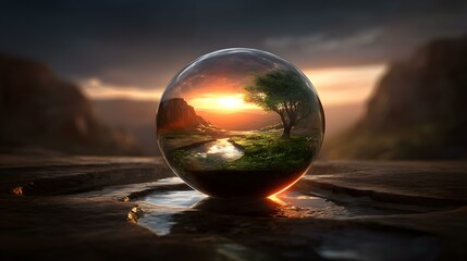 spherical tree with metallic leaves shining in sunrise light