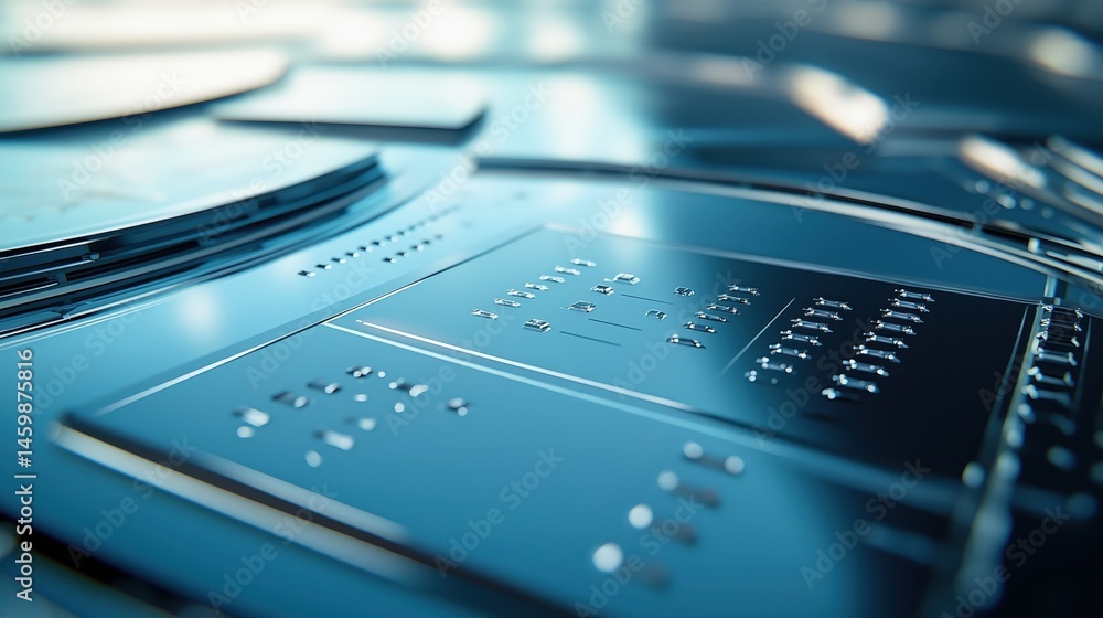 Poster Close-up of electronic microchip on a luminous circuit board with detailed connections