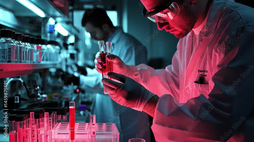 Poster scientists conduct experiments on control samples in a laboratory with advanced technology and preci