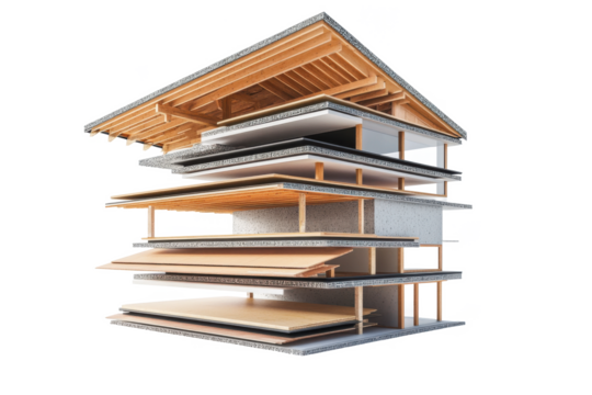 Exploded view of a building showing the layers of construction and structural components used