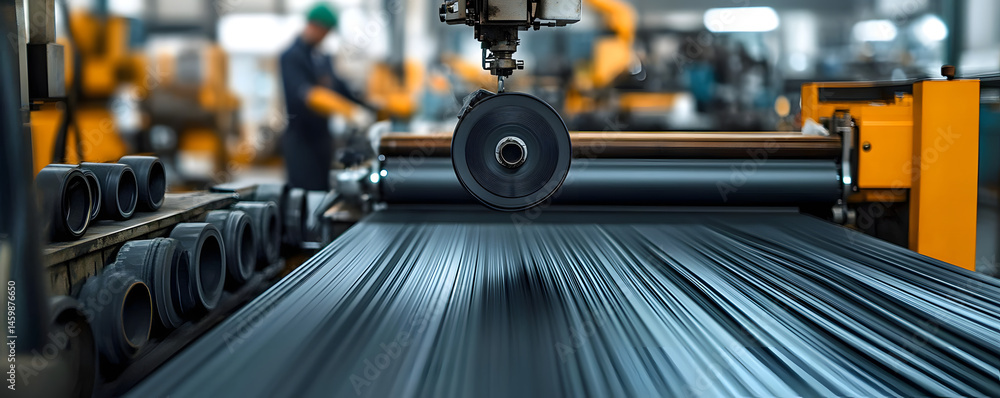 Poster an industrial machine processes rubber sheets on a production line in a factory, with a worker super