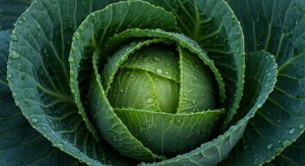 Fototapeta premium Freshly harvested cabbage with water droplets on green textured leaves