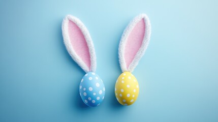 Easter party concept. top view photo of easter bunny ears white pink blue and yellow eggs on isolated pastel blue background with copyspace in the middle.