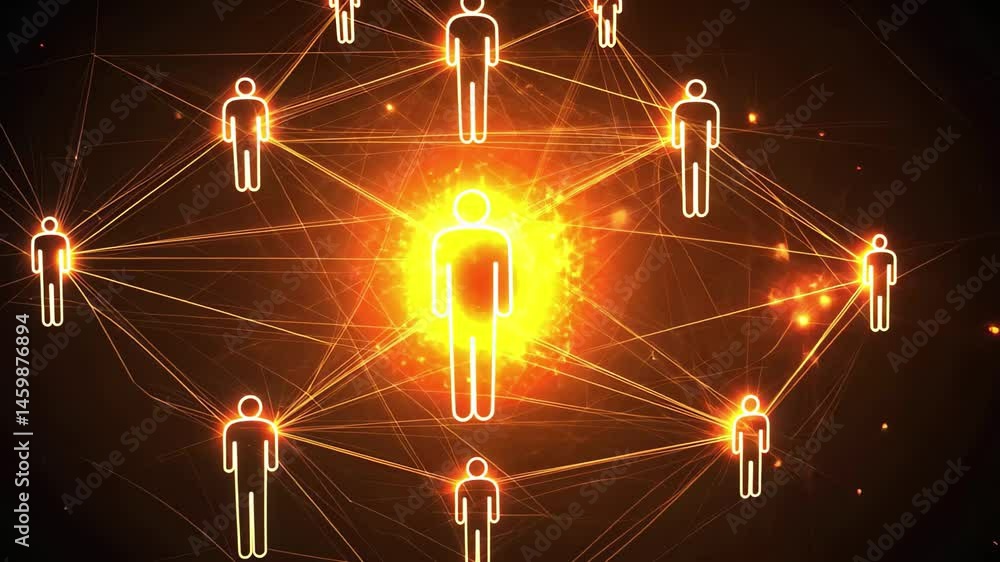 Poster dynamic network of glowing connections represented by people icons illuminating the digital landscap