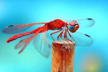 Naklejka premium Vibrant Red Dragonfly on Wooden Post Macro Photography
