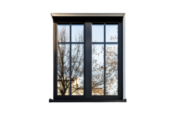 Two pane window with black frame reflecting a tree with bare branches against a bright sky outside