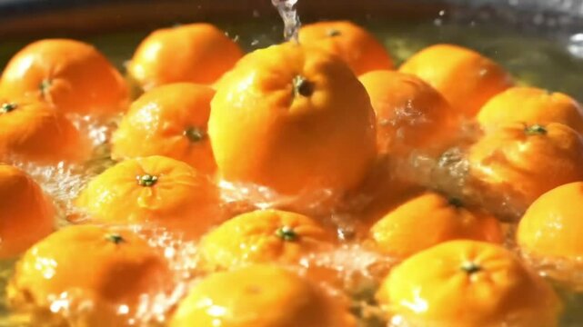 Orange falls into the water, there is a splash of freshness, squeeze the orange and then the orange juice is poured into the glass. Short video suitable for video elements about drinks. Generative AI.