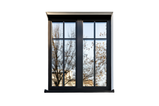 Two pane window with black frame reflecting a tree with bare branches against a bright sky outside