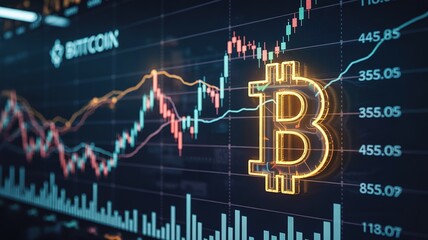 Glowing Bitcoin Symbol Overlays Dynamic Cryptocurrency Market Ch