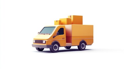 Delivery Van with Packages, 3D Render, Yellow Cargo Truck,  Boxes on Top, Transportation, Logistics