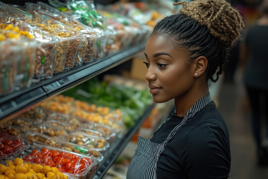 Grocery store employee organizing fresh produce on display shelves - Powered by Adobe