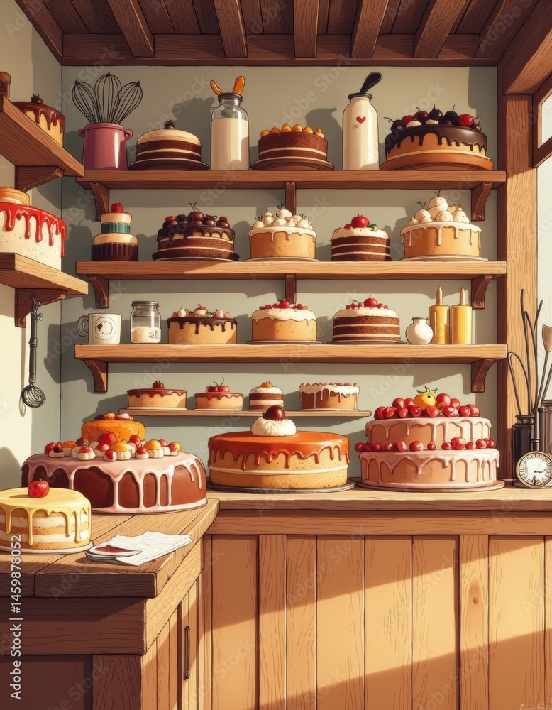 Aufkleber a delightful display of various cakes in a charming bakery setting