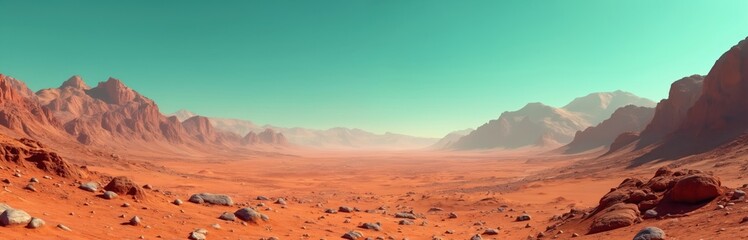 Mars planet panorama. 3d render of a Martian terrain with orange desert mountains under turquoise sky. Illustration of science fiction landscape. Dry, rocky, barren, alien, dramatic atmosphere.