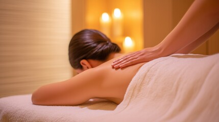 Naklejka premium A young woman getting a relaxing back massage in a professional spa setting, calming ambiance and warm lighting. Self care, therapy, wellness, relaxing 