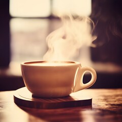 Fototapeta premium Steaming Hot Coffee Cup on Wooden Coaster Cozy Morning Beverage