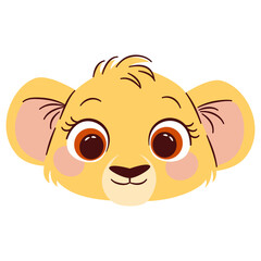 Flat vector illustration in cute cartoon children style. Lion cub face on white background . Vector illustration