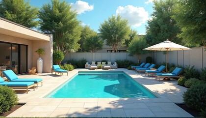 Fototapeta premium Luxurious backyard pool patio oasis under sunny sky. Blue swimming pool, lounge chairs invite relaxation. Comfortable outdoor space, home design with trees plants. Vacation, resort, spa, recreation