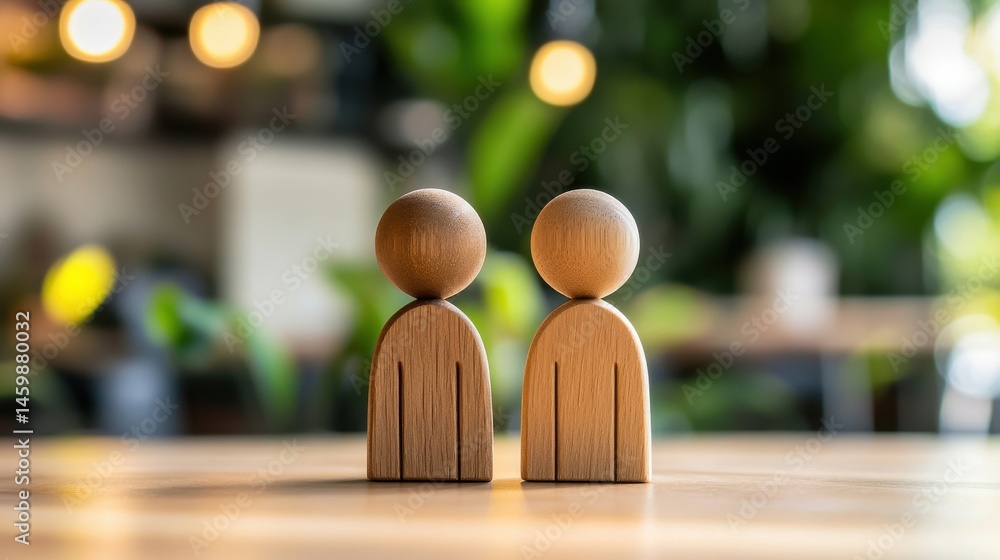 Poster wooden figures representing teamwork and collaboration in a professional setting with a blurred back