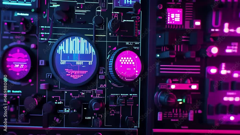 Poster radionics display illuminated with neon lights on dark background showcasing advanced technology, ra