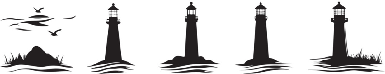 Black Silhouette Illustrations of Lighthouses and an Island