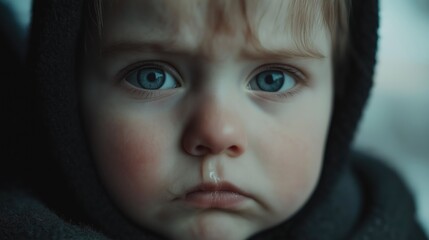 Little boy with a snotty nose. Close-up. Sad boy with a runny nose.