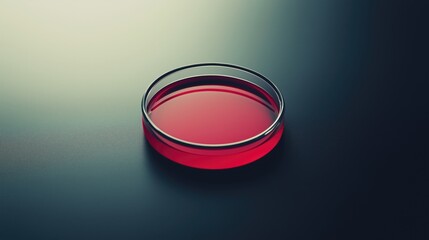 Petri dish with red liquid on a dark surface.