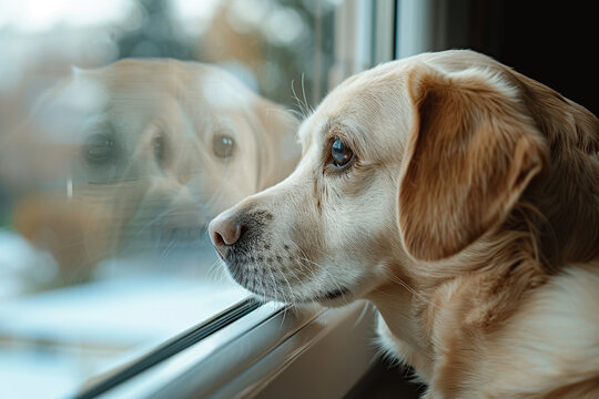 Cute labrador dog looking out the window