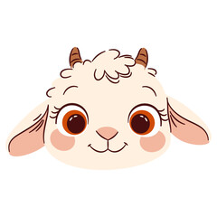 Flat vector illustration in cute cartoon children style. Goat face on white background . Vector illustration
