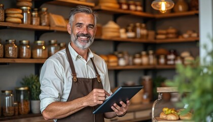 Charming middle-aged man, shop owner in well-stocked bakery holding digital tablet with smile. Rustic decor, entrepreneurial spirit prevalent. Focus on small business, modern tech use for selling