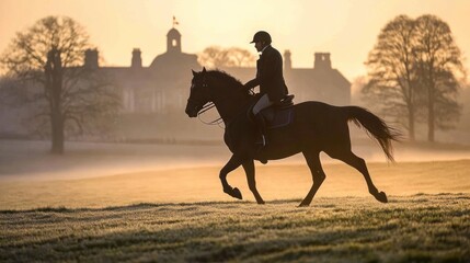Rider on horseback at sunrise, majestic manor in background.