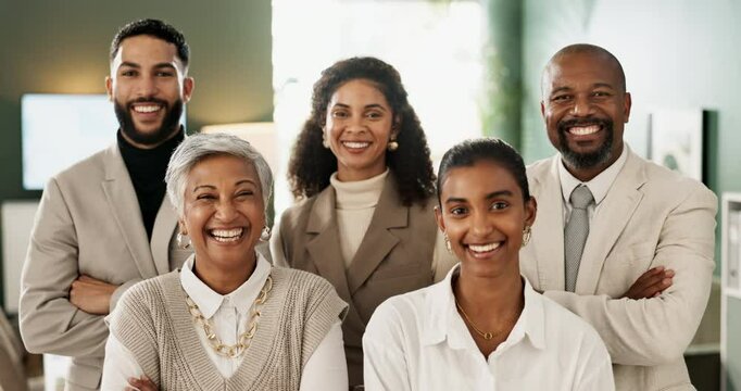 Face, group and business people in office, diversity and startup with career ambition, about us and teamwork. Portrait, staff and men with women, multicultural and cooperation with support and trust