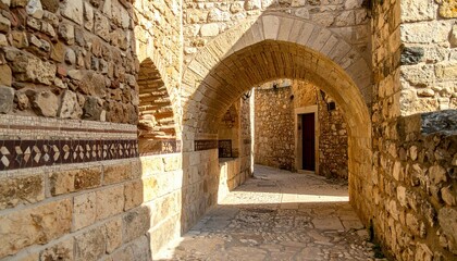 Ancient Stone Archway Alleyway Medieval Architecture Historic European Village Pathway Sunlit Cobblestone Street