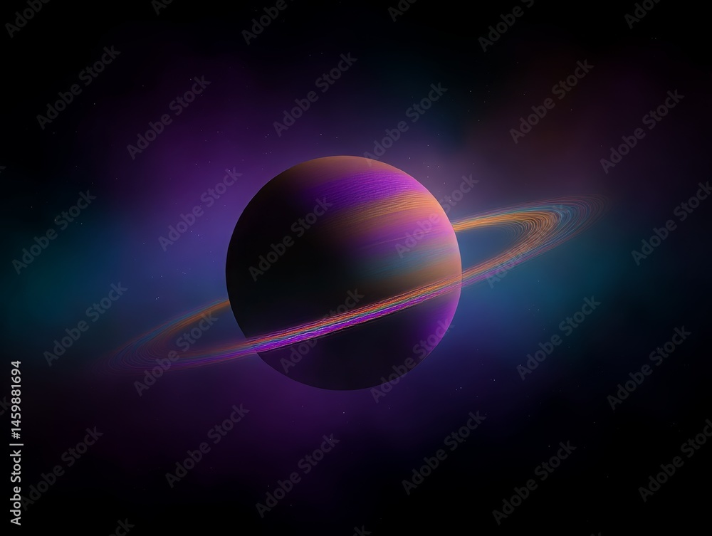 Poster grand alien planet partially shrouded in shimmering multicolored dust rings against infinite dark ba