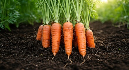 Freshly harvested carrots with vibrant green tops lying on fertile soil