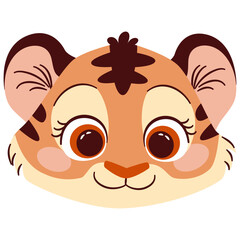 Flat vector illustration in cute cartoon children style. Tiger face on white background . Vector illustration