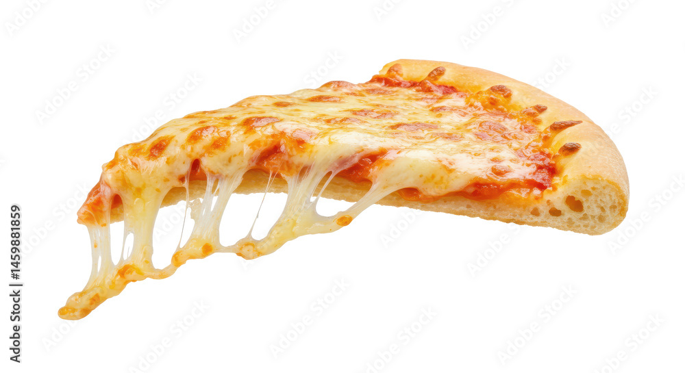Poster a close up shot of a single slice of pizza with melted cheese and visible toppings on a dark backgro