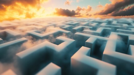 Obraz premium Aerial view of a labyrinth filled with fog under a dramatic sky at sunset. The maze symbolizes challenge, complexity, and the search for solutions in a surreal landscape.
