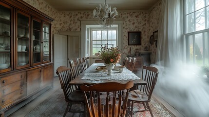 Antique wood dining chairs and chandelier high resolution image