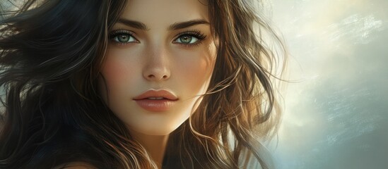 Close-up portrait of a beautiful woman with long brown hair and green eyes.