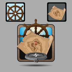 Set of icons of a ship's wheel, map and compass.