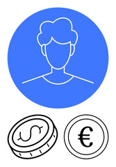 User avatar in blue circle with dollar and euro coins underneath. Ideal for finance, currency exchange, online profiles, global trade, digital wallets, investments, simple landing page