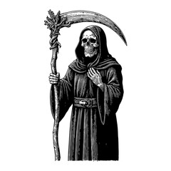Fototapeta premium Standing Grim Reaper with Skull Face Wearing Black Robe Black and White Outline Line Art Drawing