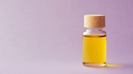 Essential oil in a glass bottle with wooden cap on lilac background, with copy space