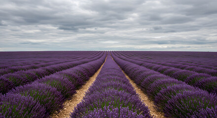 Fototapeta premium Rows of Lavender in a Purple Field Under a Cloudy Sky