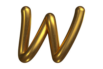 3D letter W in golden tubular design with reflective surface and realistic details. High quality 3D rendering.