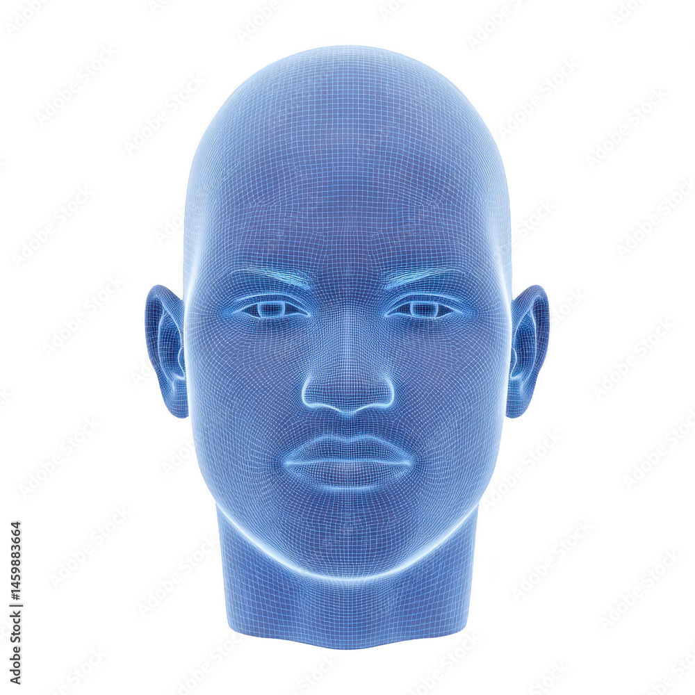 Poster digital wireframe of human head is depicted, showcasing futuristic and technological design. blue gr