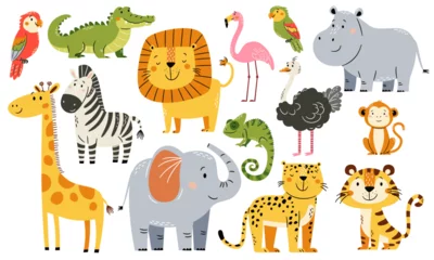 Keuken achterwand Dierentuin A set of flat vector illustrations in a simple children's style. Animals of safari and africa. Cute elephant giraffe tiger leopard lion parrot ostrich flamingo crocodile chameleon zebra monkey on  © Alena