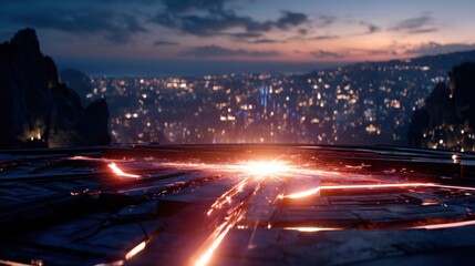 Dark metallic platform with glowing orange lines, cityscape lights, mountain landscape at dusk