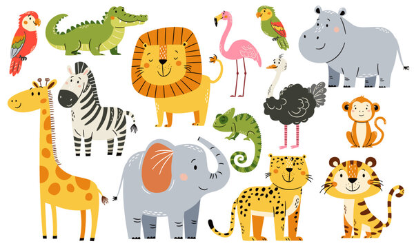 A set of flat vector illustrations in a simple children's style. Animals of safari and africa. Cute elephant giraffe tiger leopard lion parrot ostrich flamingo crocodile chameleon zebra monkey on
